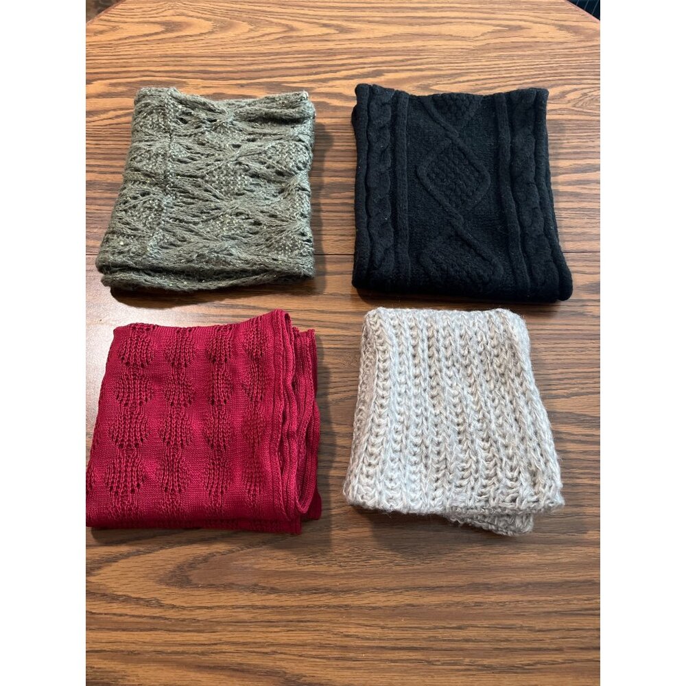 Set of four burgundy black green cream winter infinity scarves